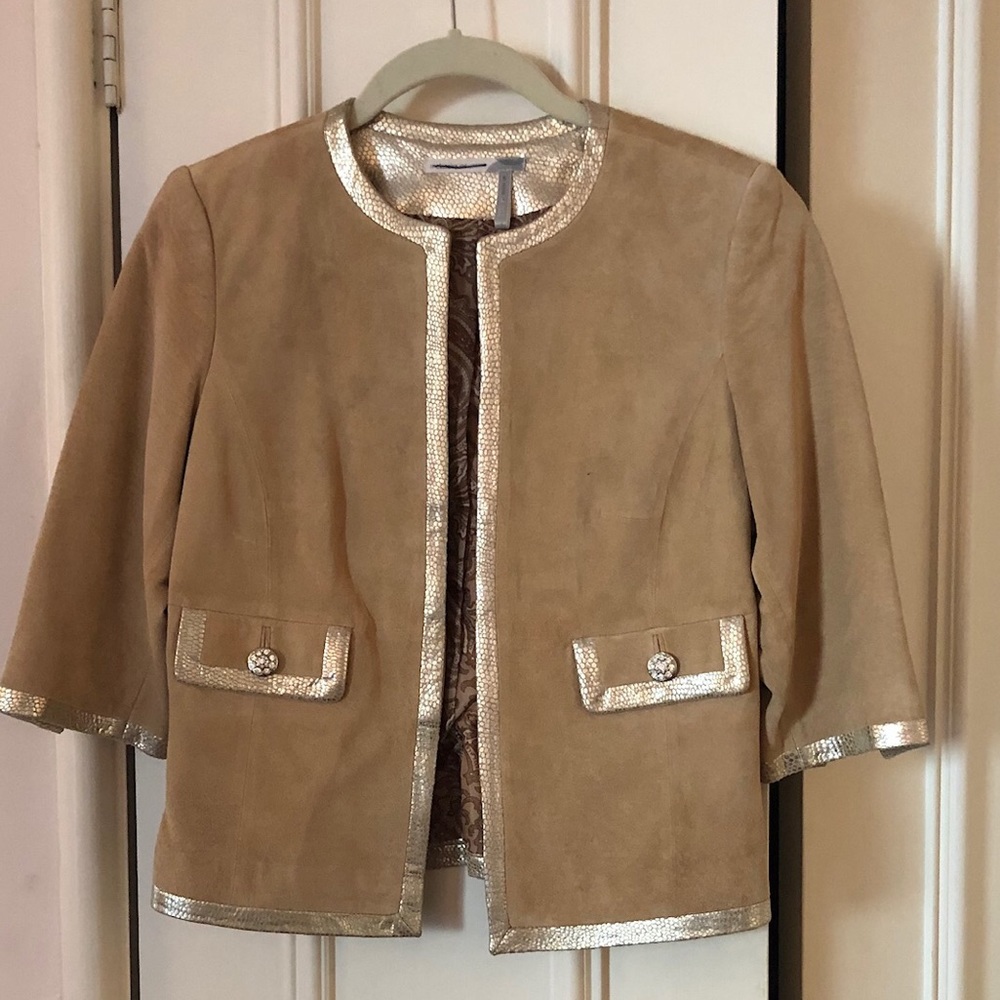 Stunning suede jacket with gold leather trim